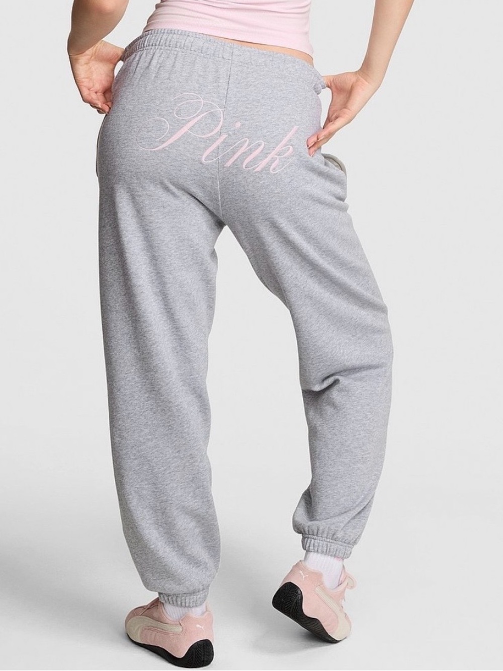 PINK VICTORIA’S SECRET Campus Fleece Sweatpants VS Heather Grey Pink Logo LARGE
